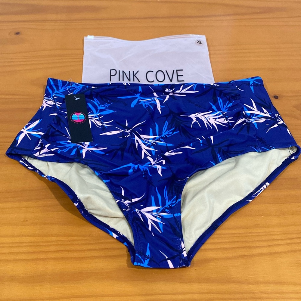 NWT Pink Cove High Waist Bottom Bikini Piece, Size XL, Blue with Pattern